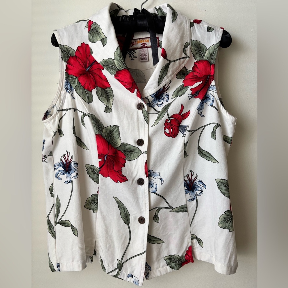 Caribbean Joe White and Red Button Down Shirt with Notched Collar